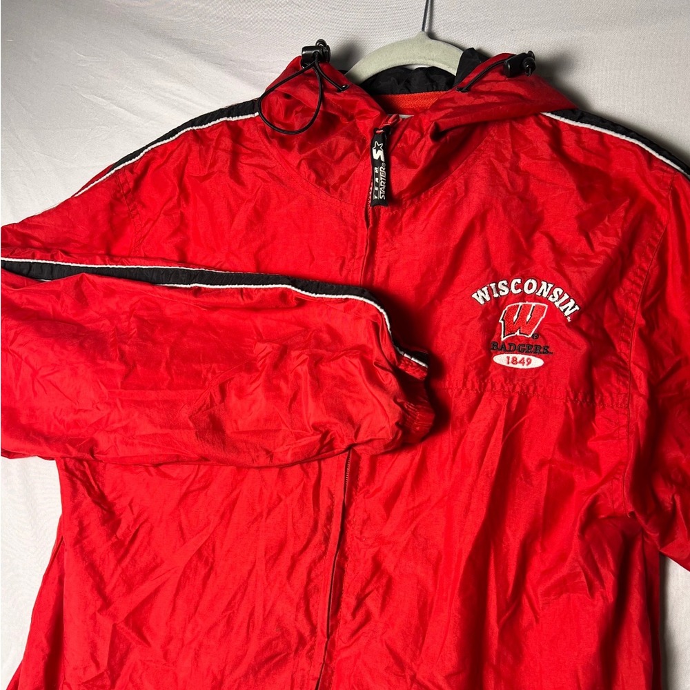 Vintage‎ Team Starter Wisconsin Badgers Windbreaker Red Full Zip Hooded Jacket M